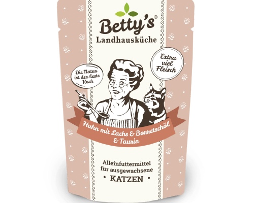 Betty´s Landhausküche Frischebeutel Katze Huhn mit  Lachs & Borretschöl 100g